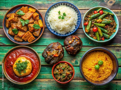 Vibrant Assortment Of Traditional Ghanaian Dishes Featuring Fufu, Okra Soup, Jollof Rice, And Kelewele On A Colorful Wooden Table