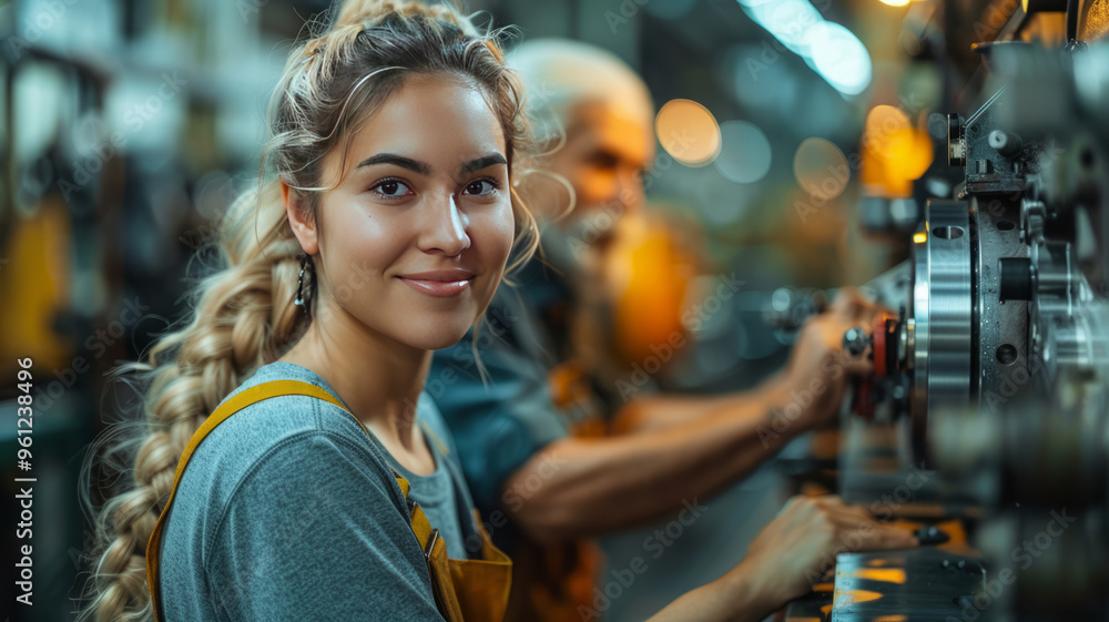 A high-class shot of a woman at a CNC machine, smiling at her older colleague as they work together, loading aluminium profiles in a workshop. A high-class shot of a woman at a CNC machine, smiling at her older colleague as they work together, loading aluminium profiles in a workshop.