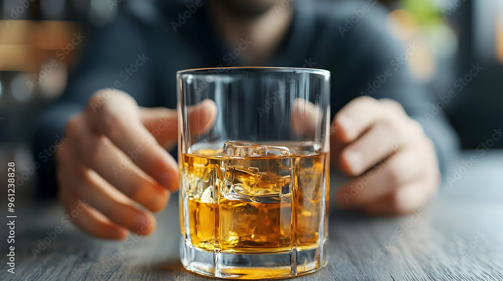 A close-up of a glass of whiskey with ice on a table. A close-up of a glass of whiskey with ice on a table.