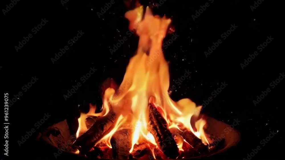 Fire on black background. Campfire Flames in the Dark Night. Night Campfire with Burning Logs. Fire on black background. Campfire Flames in the Dark Night. Night Campfire with Burning Logs.