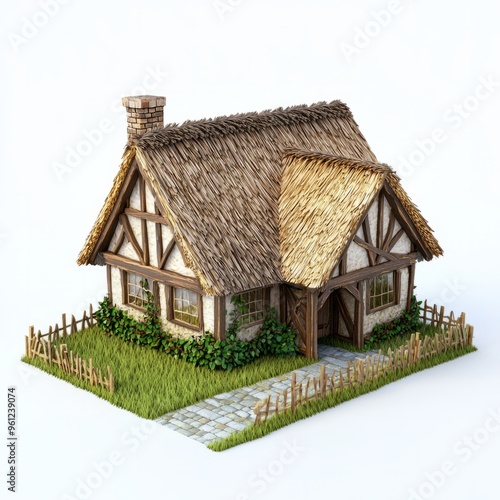 3D Render of a medieval farmhouse with a barn and thatched roof, on isolated white background