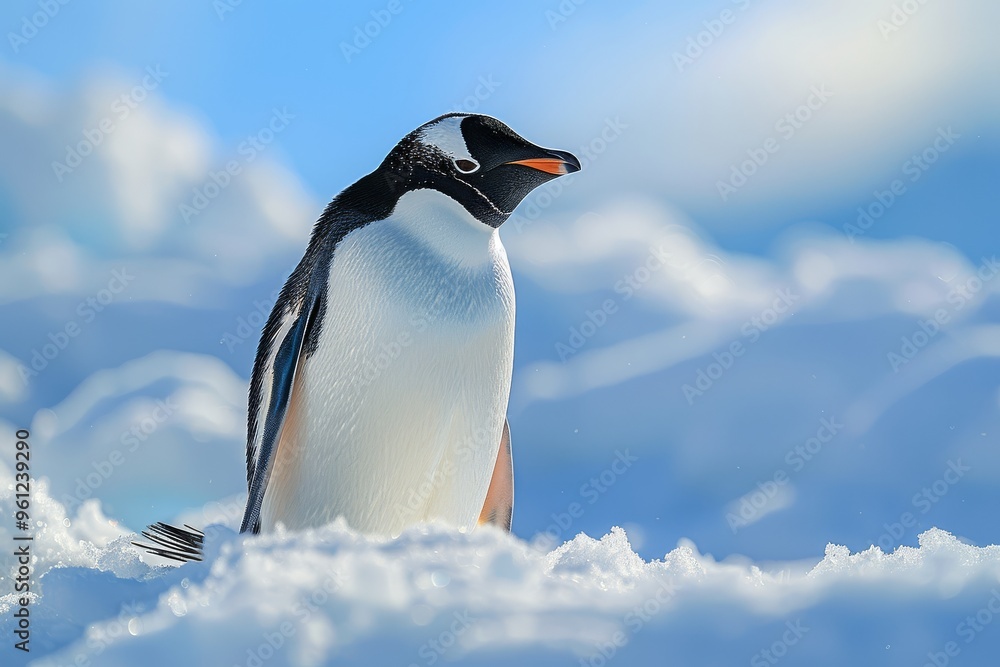 Obraz premium Elegant Penguin Standing on Snow-Covered Hills in Antarctica with Clear Blue Sky Background