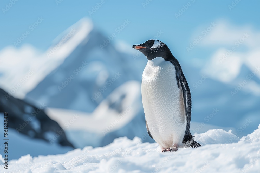 Naklejka premium Elegant Penguin Standing on Snow-Covered Hills in Antarctica with Clear Blue Sky Background