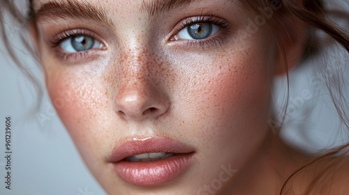 Close-up Portrait of a Young Woman with Freckles and Rosy Cheeks