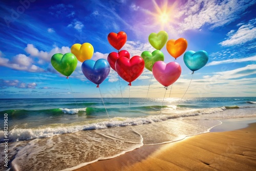 Vibrant colorful heart-shaped balloons float above a sunny beach, surrounded by gentle waves and soft sand, conveying a sense of joy and affection. photo