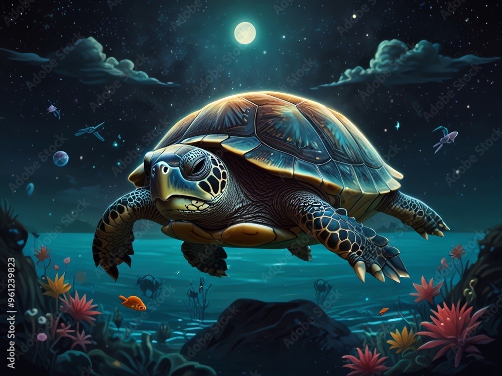 a turtle swimming under the ocean with the moon in the background. a turtle swimming under the ocean with the moon in the background.