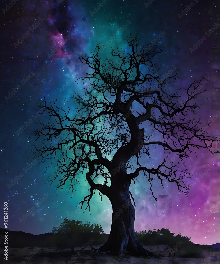 Lonely large dried tree with beautiful background view of spiral and colorful space in blue and purple hues, fantasy landscape Lonely large dried tree with beautiful background view of spiral and colorful space in blue and purple hues, fantasy landscape