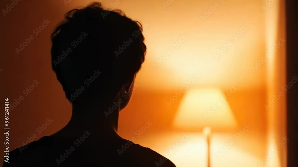 Silhouette of a person standing in dimly lit room with warm lamp light, evoking feelings of contemplation and introspection, ideal for themes of solitude or serenity