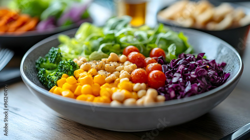 A colorful salad bowl featuring various fresh vegetables and legumes.