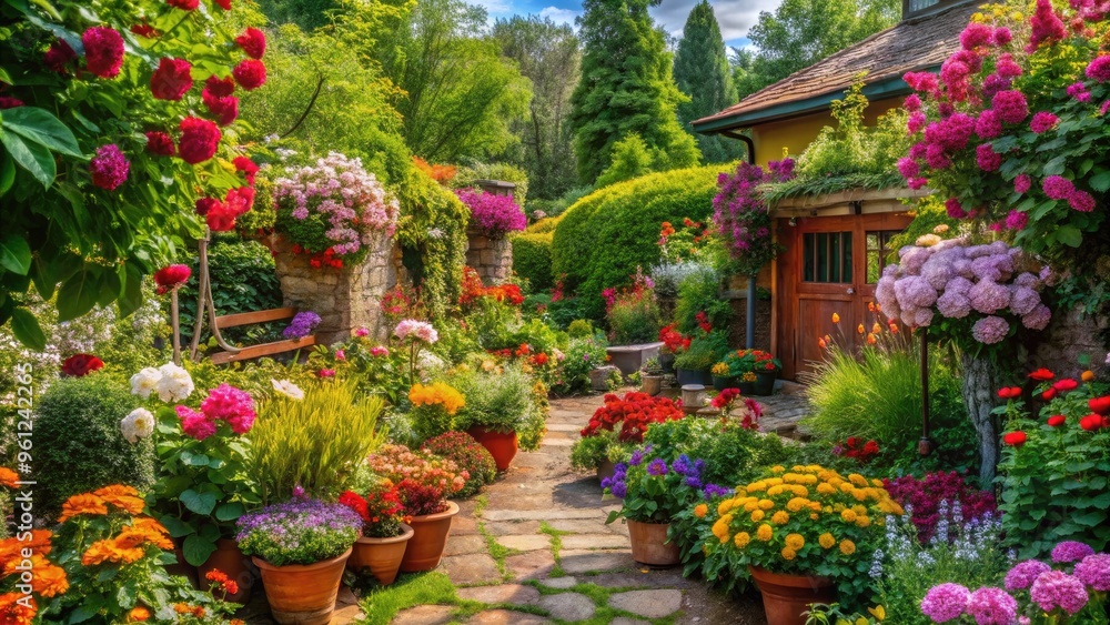 Vibrant flowers, lush greenery, and rustic garden ornaments create a serene and inspiring atmosphere, perfect for sparking creativity and bringing artistic vision to life. Vibrant flowers, lush greenery, and rustic garden ornaments create a serene and inspiring atmosphere, perfect for sparking creativity and bringing artistic vision to life.