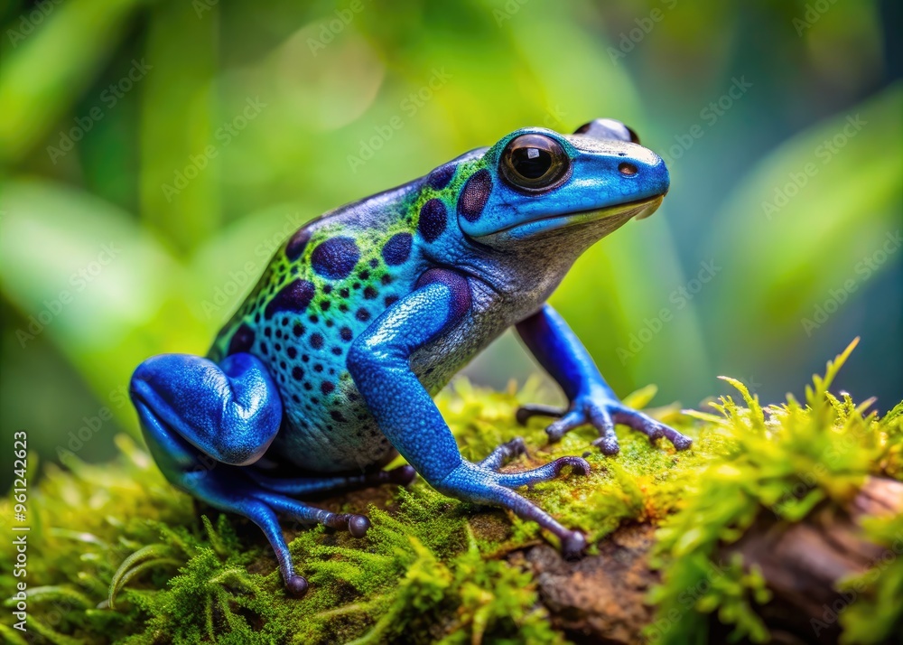 Vibrant green and blue poison dart frog perches on moss-covered branch amidst dense rainforest foliage, showcasing intricate details and exotic beauty in its natural habitat. Vibrant green and blue poison dart frog perches on moss-covered branch amidst dense rainforest foliage, showcasing intricate details and exotic beauty in its natural habitat.