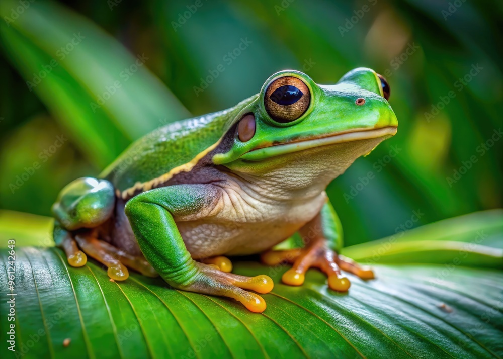 Vibrant green and brown American green tree frog perched on a lush leaf in a freshwater swamp, showcasing its bright eyes and sticky pads in Florida habitat. Vibrant green and brown American green tree frog perched on a lush leaf in a freshwater swamp, showcasing its bright eyes and sticky pads in Florida habitat.