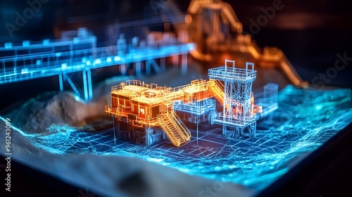 Fototapeta Naklejka Na Ścianę i Meble -  Holographic projection of a 3D model showcasing an automated underground mining with advanced machinery and equipment for efficient resource extraction and