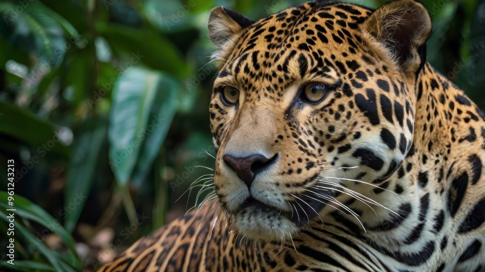Tropical jungle close-up of jaguar