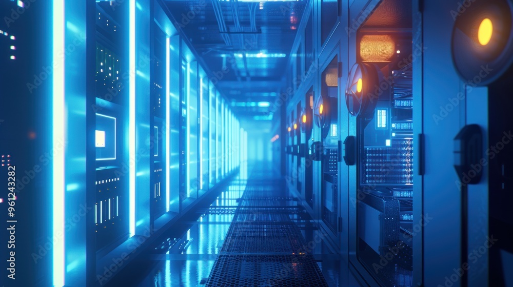 Futuristic Data Center Server Room with Blue Lighting Futuristic Data Center Server Room with Blue Lighting