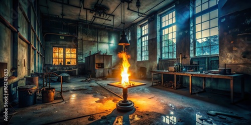 A solitary flame burning bright in a abandoned laboratory, casting long shadows across broken equipment and flickering with an otherworldly intensity. photo