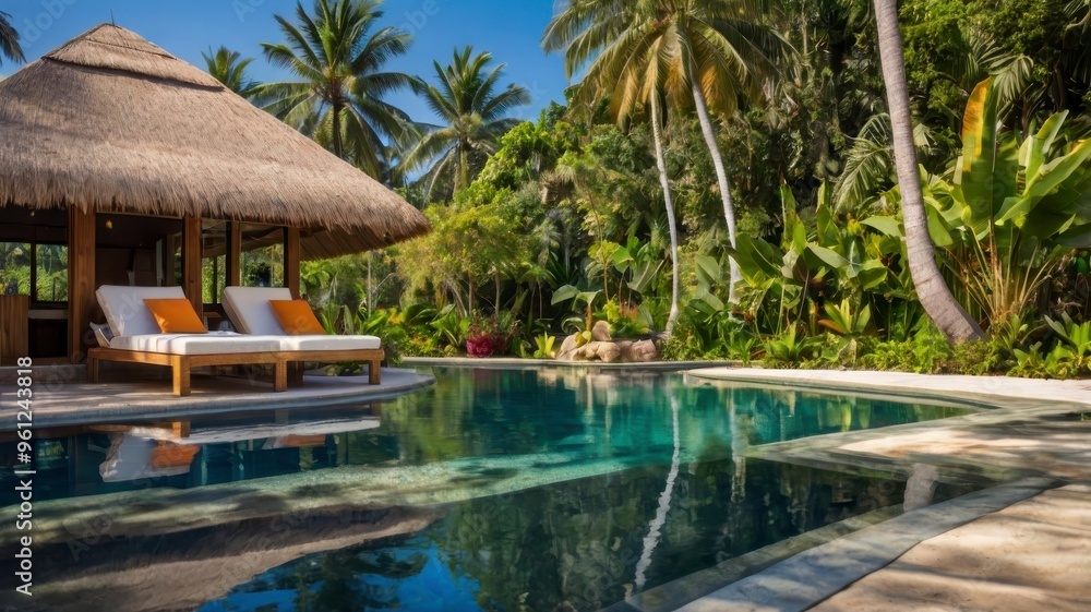 Tropical retreat with palm-fringed infinity pool and thatched cabana Tropical retreat with palm-fringed infinity pool and thatched cabana