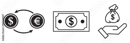 Finance icons. Business Icons, money signs. Money silhouette collection. Wallet with cards icon. Coins silhouette icon. Growth chart. Moneybag or stash. Piggy bank flat style - stock vector.