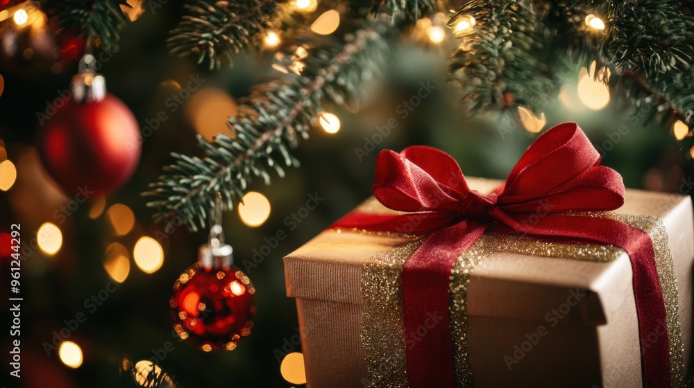 Beautifully Wrapped Gift Under Sparkling Christmas Tree with Red Ribbon and Ornaments Beautifully Wrapped Gift Under Sparkling Christmas Tree with Red Ribbon and Ornaments