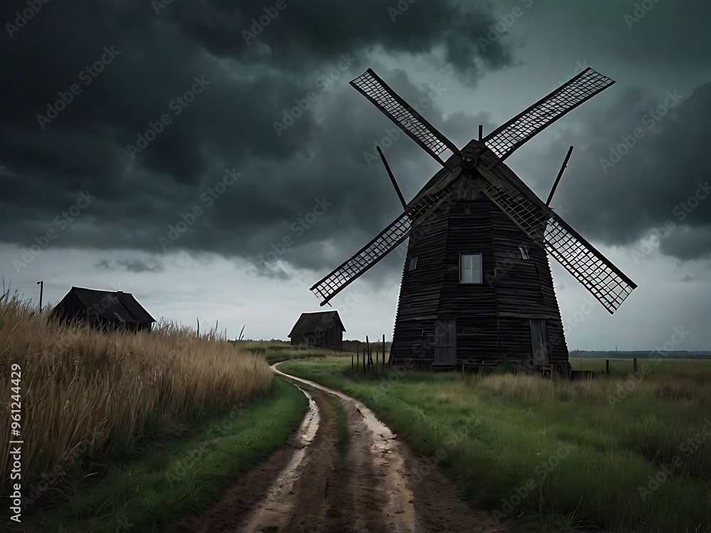 Large windmill on a rural farm in a dark theme landscape view Large windmill on a rural farm in a dark theme landscape view