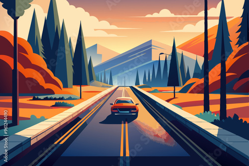 Flat Illustration of car road trip on a sunny day between canyon mountain background