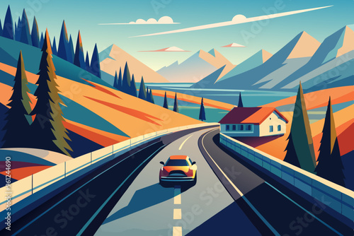 Flat Illustration of car road trip on a sunny day between canyon mountain background