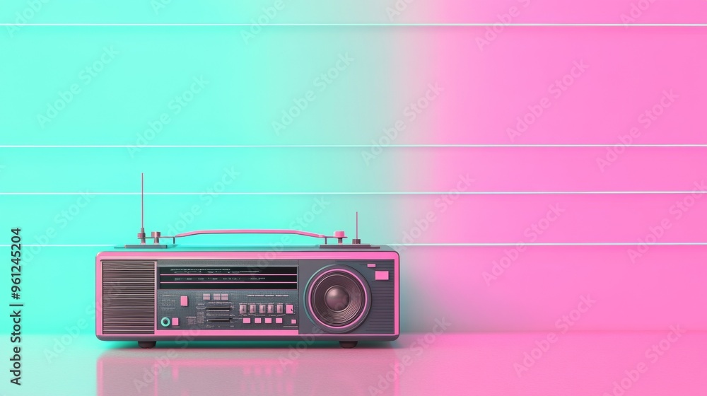 Fototapeta premium Radio. 80s Retro Illustration on Neon Pastel Background