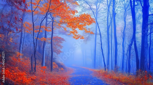 A magical forest bathed in blue mist, with colorful trees sporting orange and red leaves. A path winds through the dreamy fog, showcasing the beauty of autumn in October.