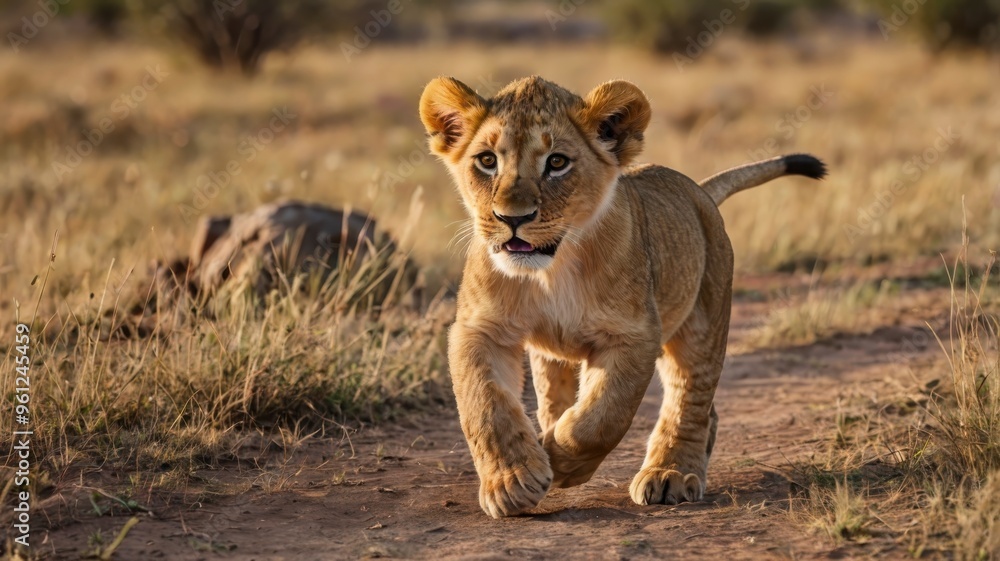 Fototapeta premium Two lion cubs running in African savannah