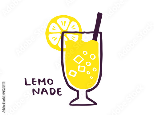 かわいいレモンとレモネードとLemon文字セット／手書き文字ベクターイラスト