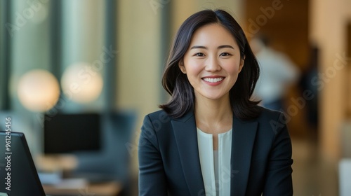 Asian woman wearing suit smiling using computer