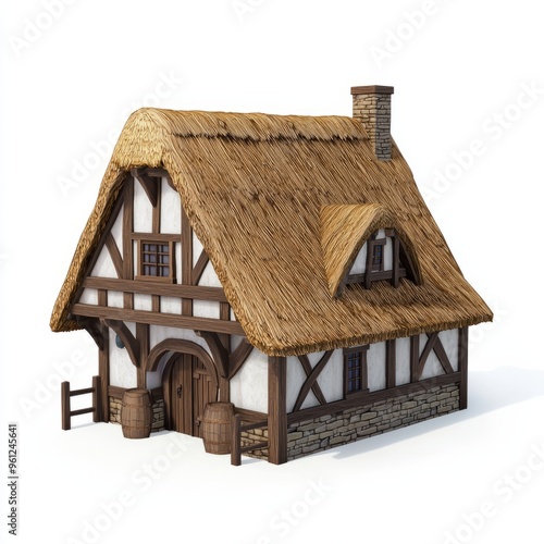 3D Render of a medieval tavern with a thatched roof and wooden beams, on isolated white background