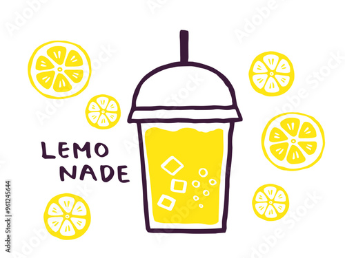 かわいいレモンとレモネードとLemon文字セット／手書き文字ベクターイラスト