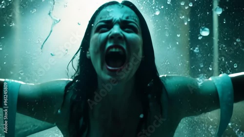A woman with dark hair, soaked and screaming, stands with arms raised amidst splashing water, evoking Halloween, fear, and intense emotion