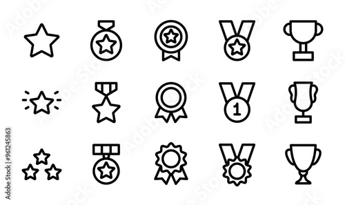 Awards line icon set. Award icon set containing badges, trophy, cups, ribbons, medals. Solid icon collection. Vector outline illustration