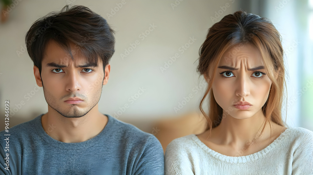 A couple shows tension with serious expressions in a domestic setting. A couple shows tension with serious expressions in a domestic setting.