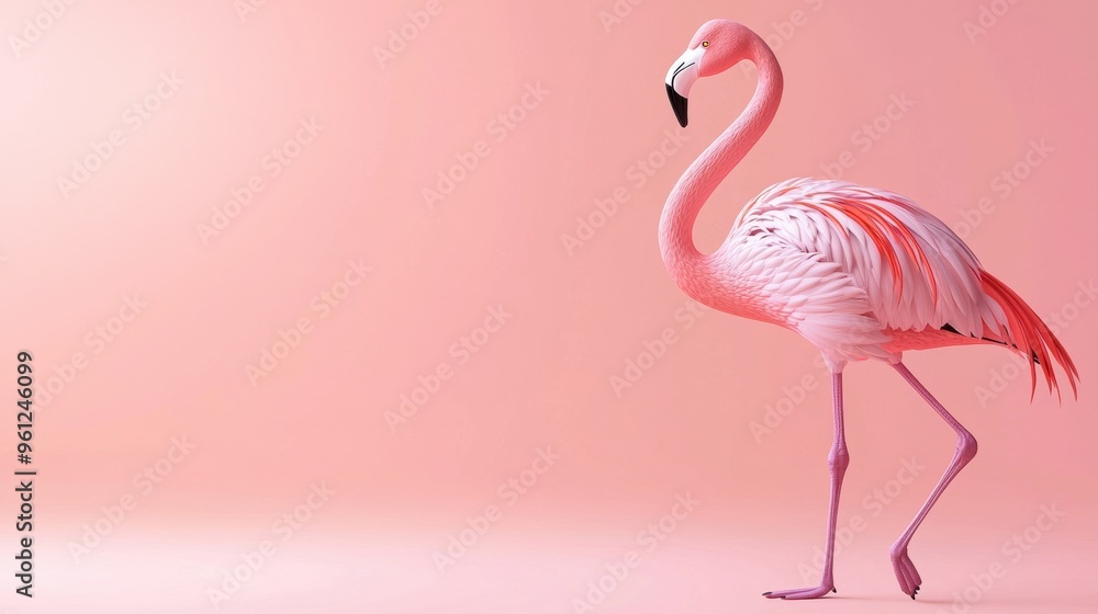 Fototapeta premium Elegant Pink Flamingo Posing Against Pastel Backdrop