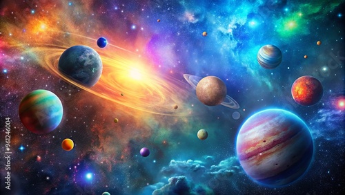 Fototapeta Naklejka Na Ścianę i Meble -  A mesmerizing stock photo featuring a celestial scene with colorful stars, planets, and galaxies in the magical universe