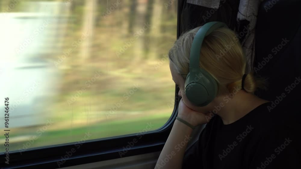 A young woman enjoys a train ride while listening to music through headphones. She stares out the window, enjoying the scenery passing by. A young woman enjoys a train ride while listening to music through headphones. She stares out the window, enjoying the scenery passing by.