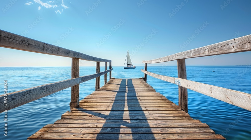 Serene coastal scene a wooden dock framed by railings overlooking calm blue waters and a sailboat Serene coastal scene a wooden dock framed by railings overlooking calm blue waters and a sailboat