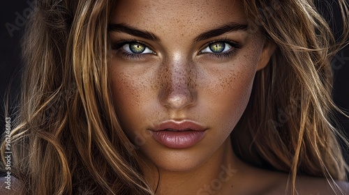 Closeup Portrait of a Woman with Green Eyes and Freckles