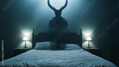 Eerie bedroom scene with a demonic horned figure above the bed, perfect for Halloween, horror movies, and gothic-themed decor concepts