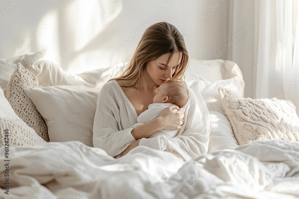 Young mother is sitting in a white bedroom, cradling her newborn baby who is sleeping soundly in her arms Young mother is sitting in a white bedroom, cradling her newborn baby who is sleeping soundly in her arms