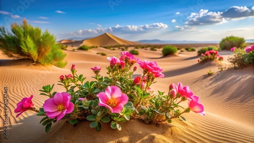 Vibrant pink desert roses bloom against a serene backdrop of soft sand dunes, showcasing delicate petals and thorny stems in the arid desert landscape.