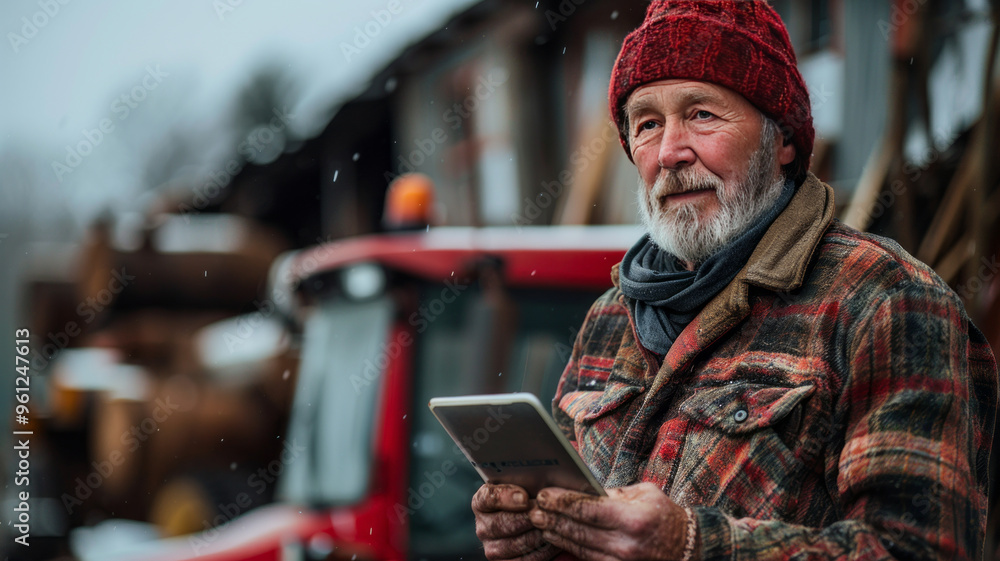 Happy mature farmer working tablets in front of tractors on site, Happy mature farmer working tablets in front of tractors on site,