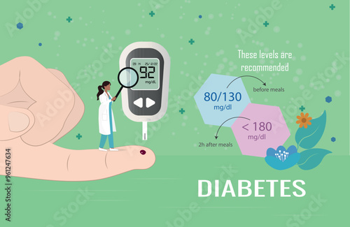 A woman is holding a finger up to a glucose meter. The image is about diabetes and the importance of monitoring blood sugar levels