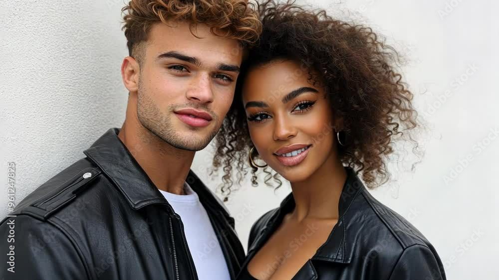 A stylish young interracial couple poses in black leather jackets, perfect for Valentine's Day, urban lifestyle, and fashion concepts A stylish young interracial couple poses in black leather jackets, perfect for Valentine's Day, urban lifestyle, and fashion concepts