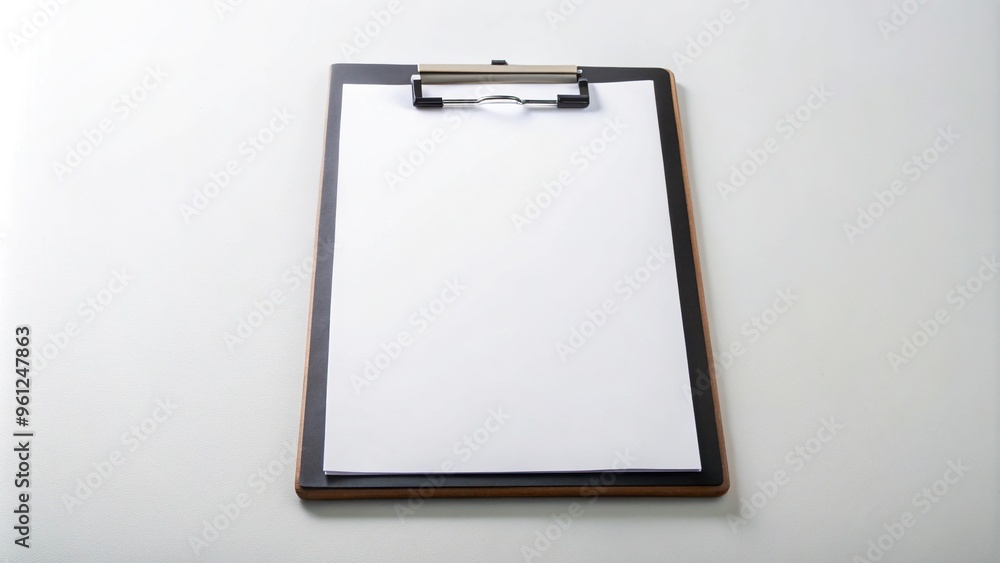 Aerial black clipboard with blank paper against white background