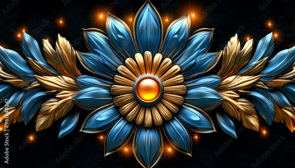 Ornate Gold and Blue Flower with Glowing Center Ornate Gold and Blue Flower with Glowing Center