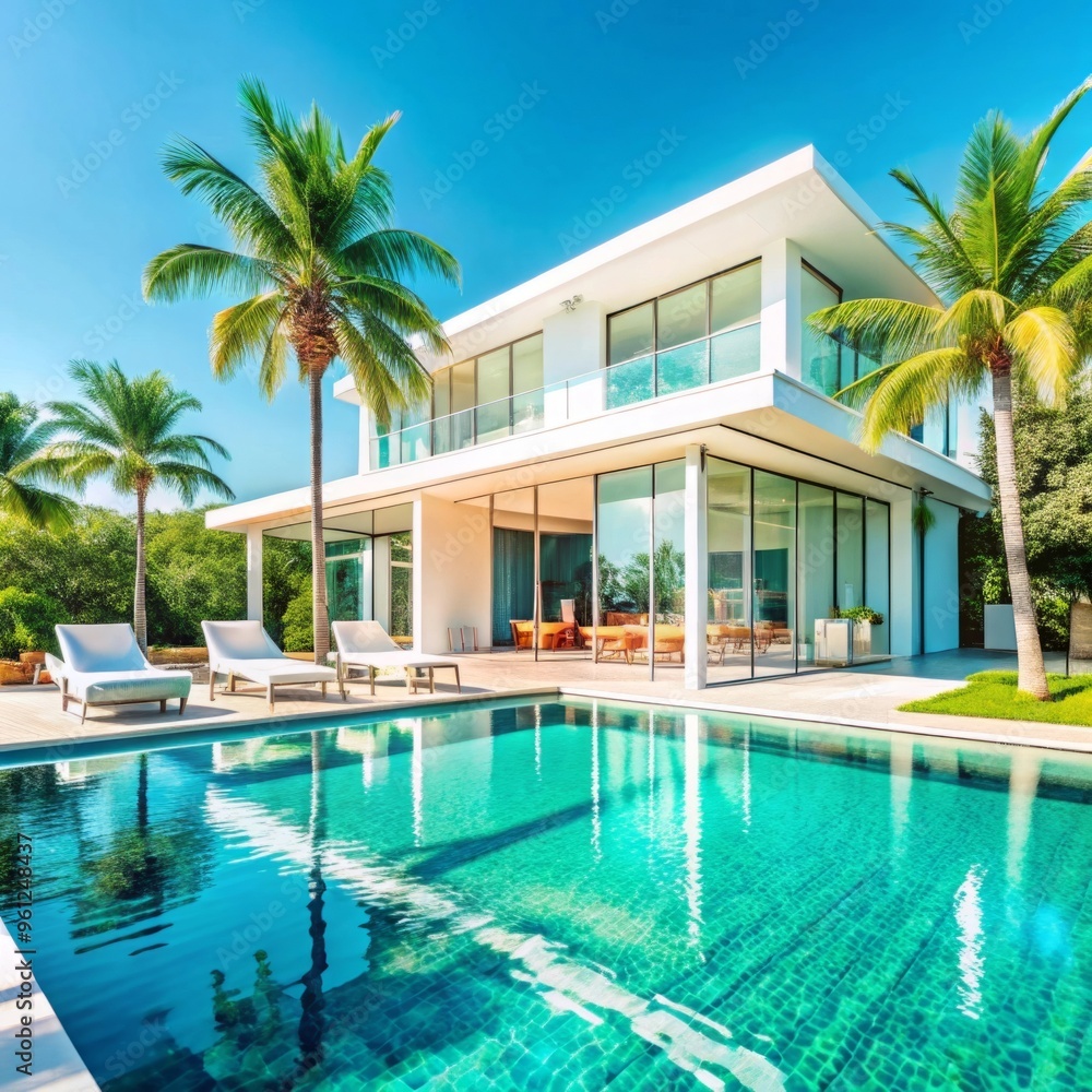 Fototapeta premium A luxurious, modern villa is showcased, featuring sleek white architecture with clean lines and large glass windows that reflect the bright blue sky.